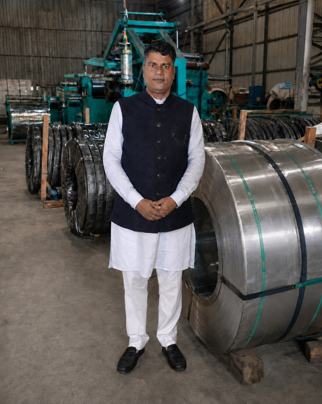 Badrealam Khan standing inside SK Slitters factory near stainless steel coils